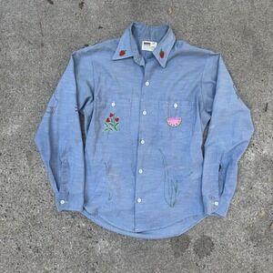 Vintage Montgomery Ward Chambray Shirt Embroidered 70s Small Blue